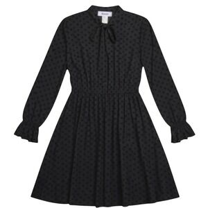 Eien Black Sheer Swiss Dot Romantic Dress Tie Neck Long Sleeve Women's Large